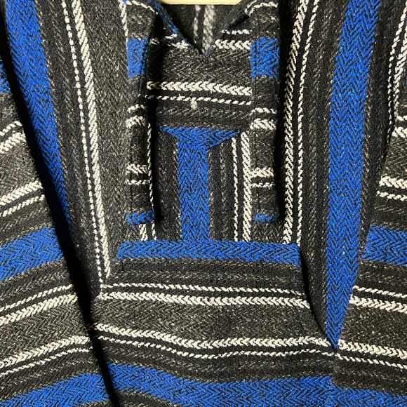 70s BAJA UNISEX Blue and Black Hippie Boho Gypsy Woven Rug Hoodie Jacket - Picture 6 of 7